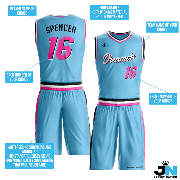Light Blue-Pink Custom Basketball Jersey and Shorts Team Uniform Set Bulk Customized