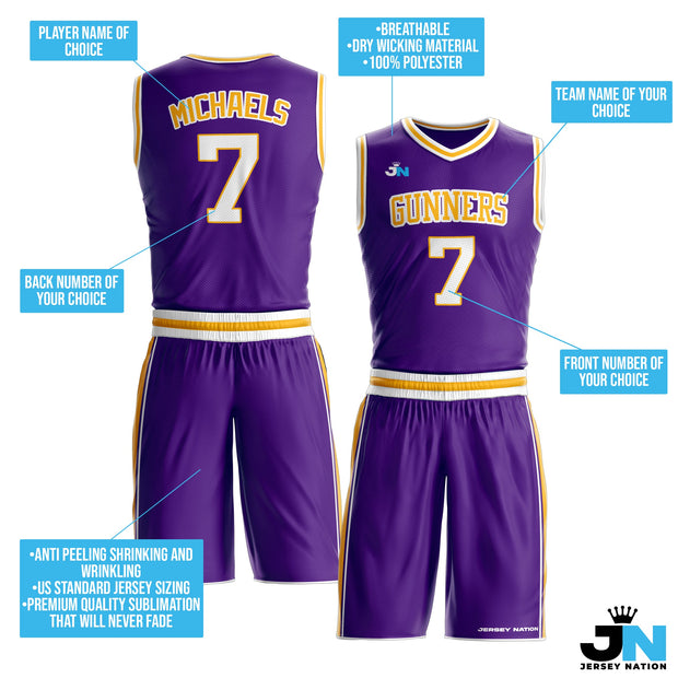 Purple-Yellow Custom Basketball Jersey and Shorts Team Uniform Set Bulk Customized