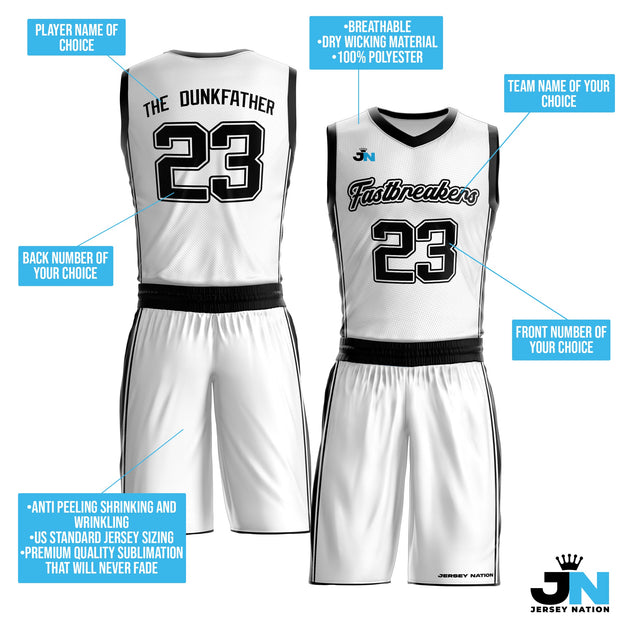 White-Black Custom Basketball Jersey and Shorts Team Uniform Set Bulk Customized